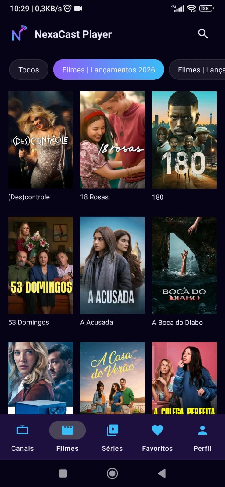 Tela de filmes do aplicativo NexaCast Player