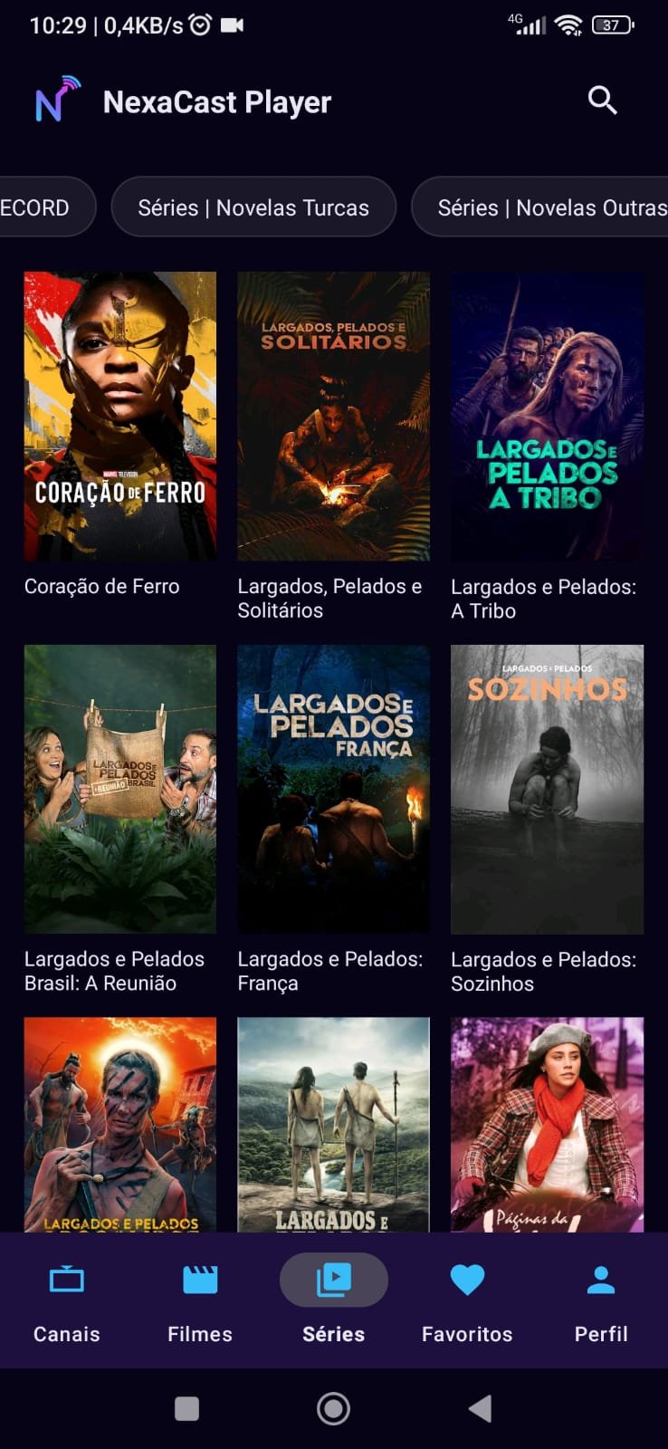 Tela de séries do aplicativo NexaCast Player