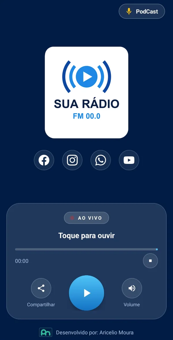Aplicativo Android de rádio FM, com player ao vivo, botão de podcast e redes sociais